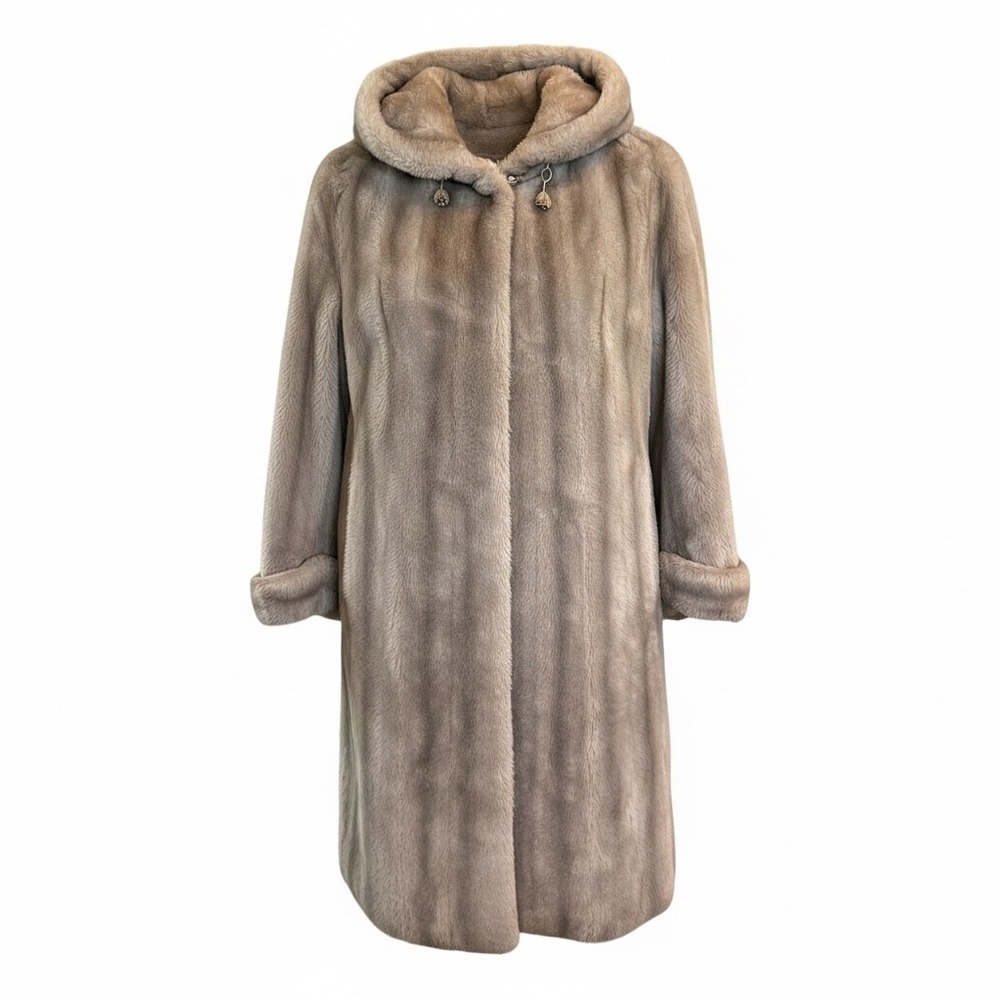 Vintage Faux Fur Long Coat  Grey Hooded Cuffed Sleeve Glamour Overcoat